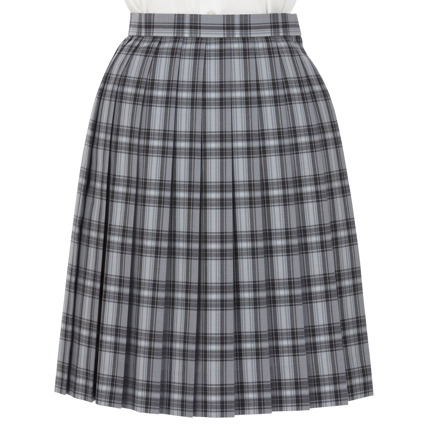 夏におすすめ！グレーベー ジュに焦茶と水色のチェック の夏スカート。51cm 丈