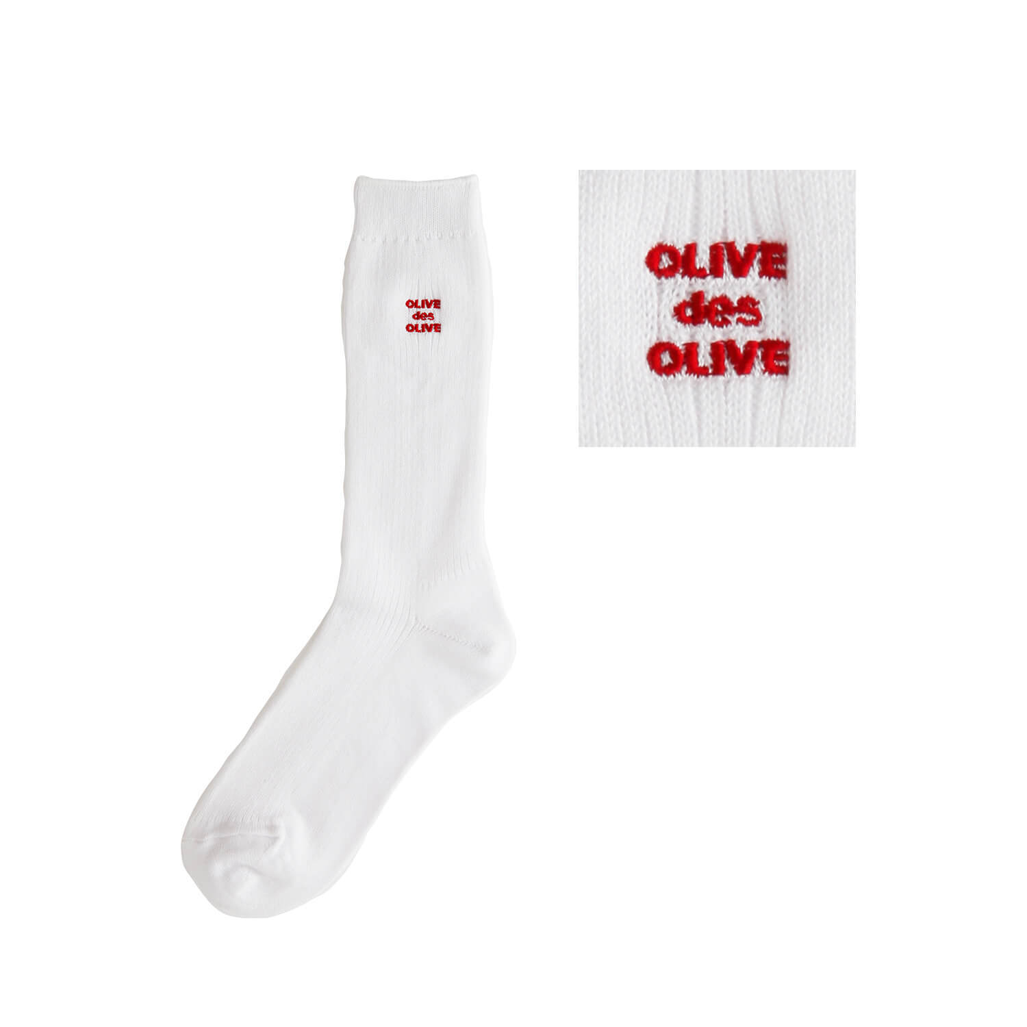 OLIVE des OLIVEのポップなロゴ刺繍入りの白ソックス。刺繍カラー-15赤