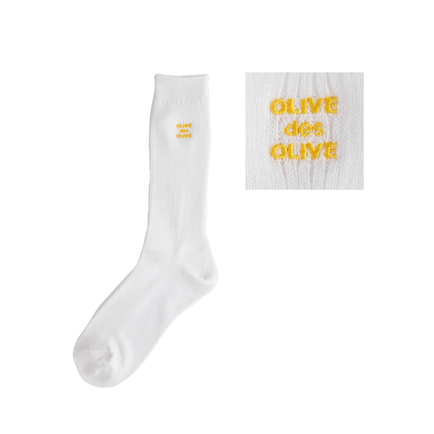 OLIVE des OLIVEのポップなロゴ刺繍入りの白ーソックス。刺繍カラー-35黄