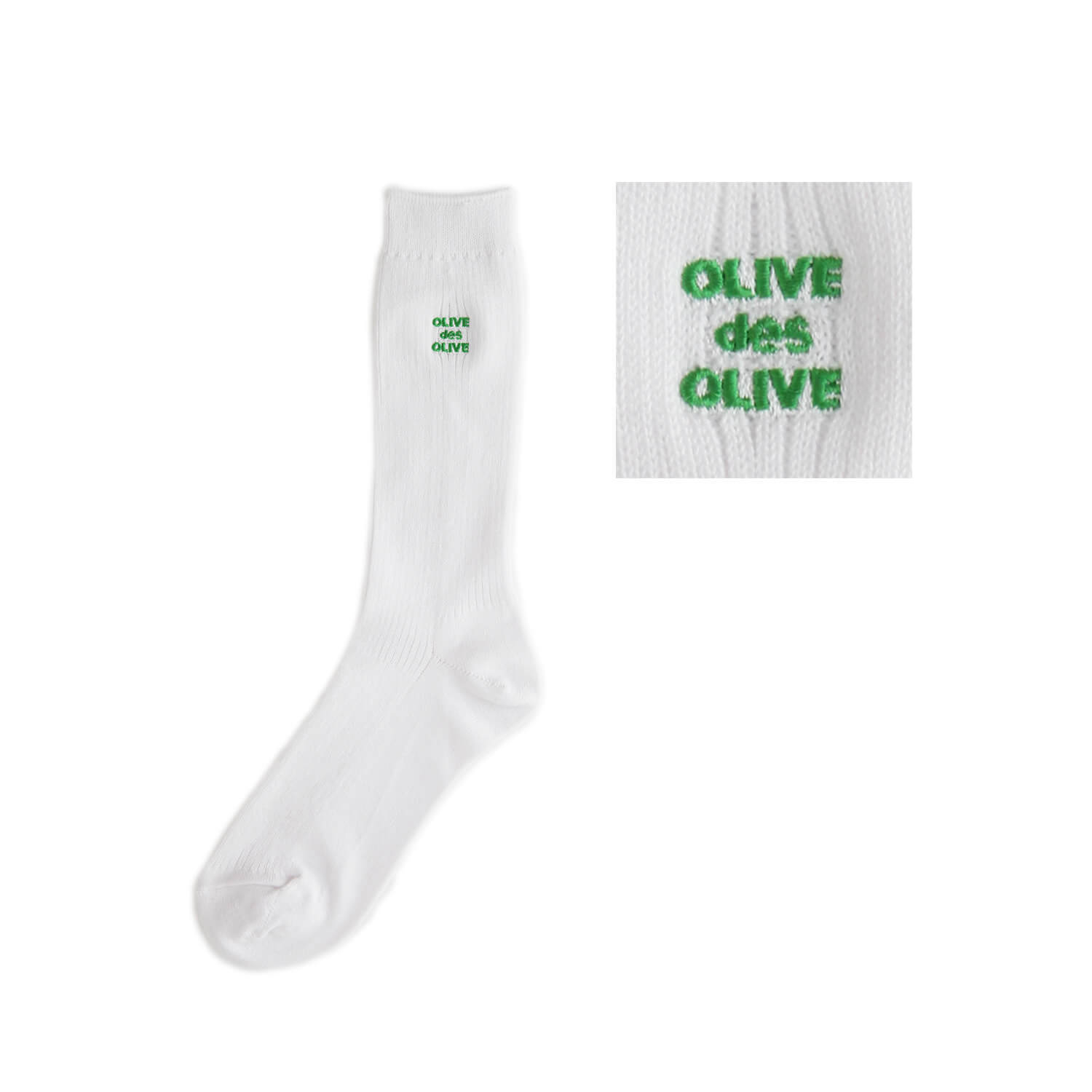 OLIVE des OLIVEのポップなロゴ刺繍入りの白ソックス。刺繍カラー-45緑