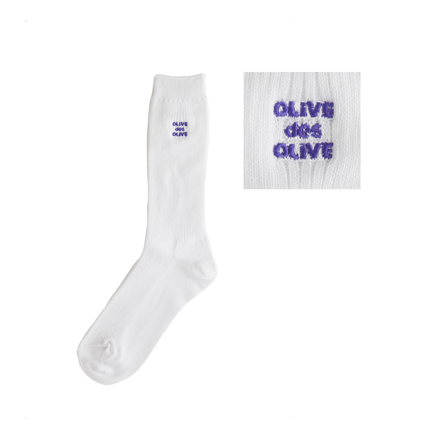 OLIVE des OLIVEのポップなロゴ刺繍入りの白ソックス。刺繍カラー-65紫