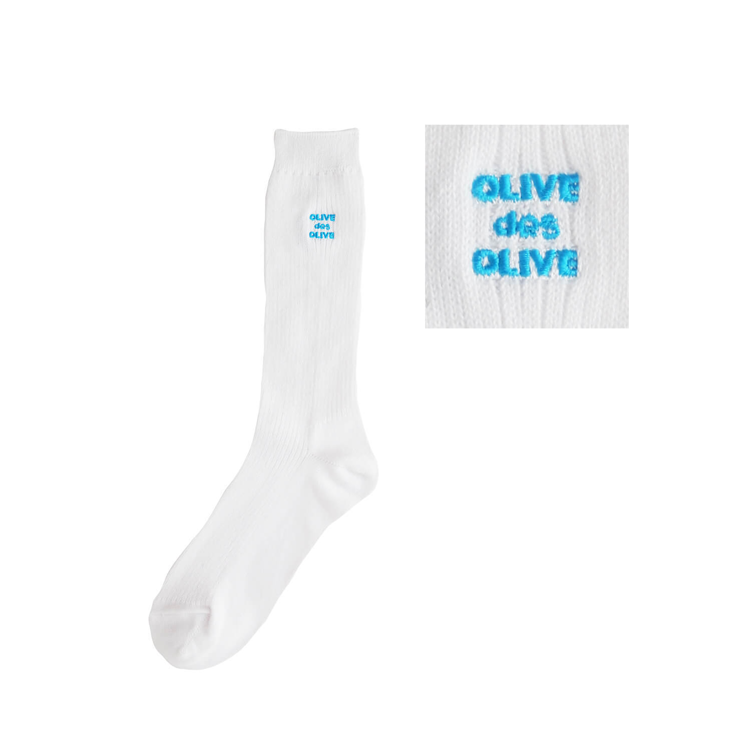 OLIVE des OLIVEのポップなロゴ刺繍入りの白ソックス。刺繍カラー-70ブルー