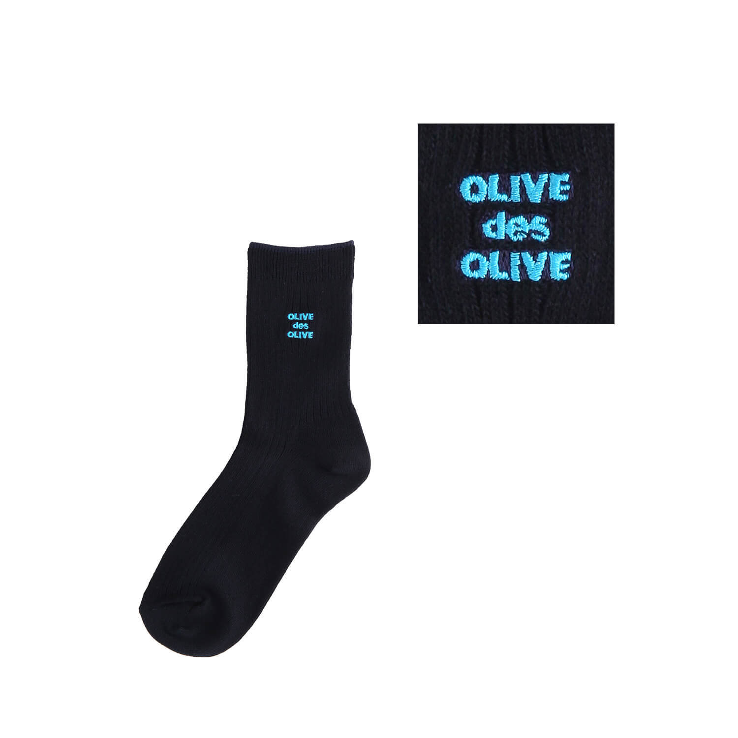 OLIVE des OLIVEのポップなロゴ刺繍入りのレギュラーソックス。刺繍カラー-70ブルー