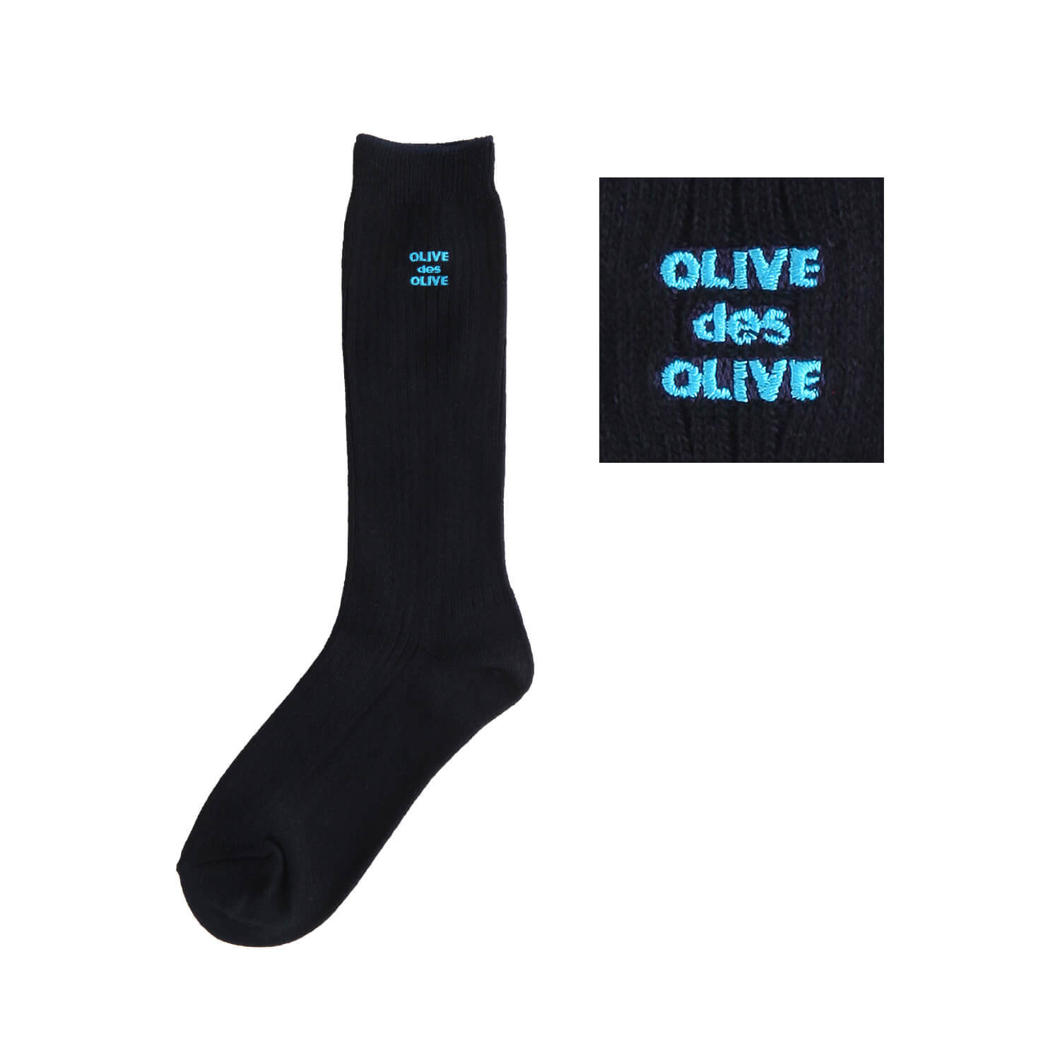 OLIVE des OLIVEのポップなロゴ刺繍入りのレギュラーソックス。刺繍カラー-70ブルー