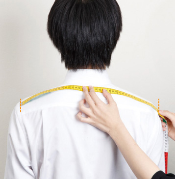 3.肩幅:右肩先から左肩先までを測ります。実寸+2cm 以上を選びます。